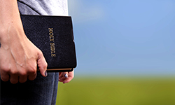 close-up of person standing sideways in a field holding a Holy Bible